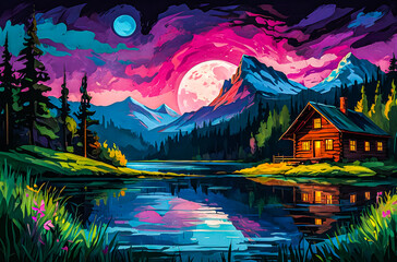 Painting of a colorful mountain village lake with moon landscape watercolor vector painting art illustration
