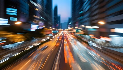 Wall Mural - Dynamic evening traffic captured in motion blur with vibrant lights and bustling city atmosphere