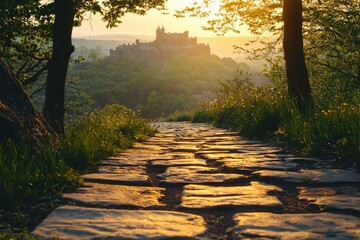 Wall Mural - A Stone Path Leading to a Distant Castle at Sunset