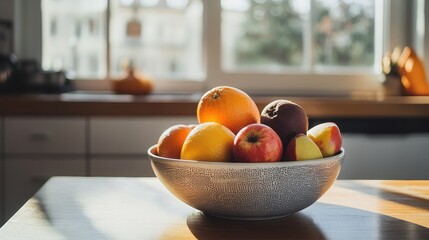 Poster - Assortment of Ripe Fruits in a Wooden Bowl on a Kitchen Counter