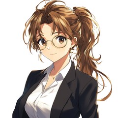 Sticker - Anime Woman With Brown Hair and Glasses Wearing a Suit.