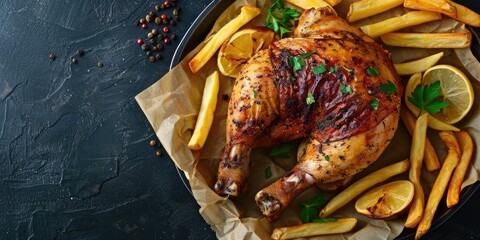 Canvas Print - Savory roasted chicken leg quarter with a crunchy exterior served alongside crispy golden fries for dinner.