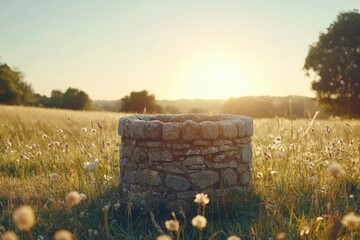 Stone Well in a Field of Grass and Flowers at Sunset