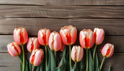 Poster - Vibrant tulips arranged on rustic wooden backdrop