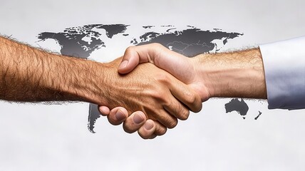 Close-up of two hands shaking with the world map subtly visible in the background, strategic partners, global business collaboration