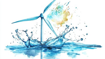 A vibrant illustration of a wind turbine splashing in water, symbolizing renewable energy and environmental sustainability.