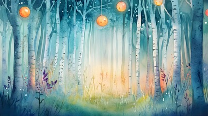 Wall Mural - Enchanting Watercolor Painting of a Birch Forest with Glowing Lights