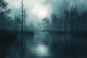 Wall Mural - A Tranquil Forest River in a Mist-Shrouded Landscape