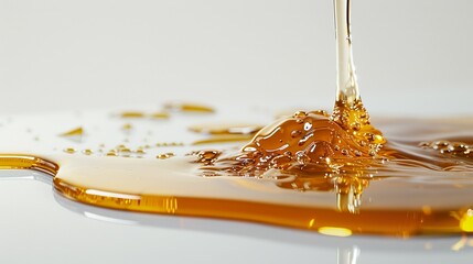 Drips of honey landing in a small puddle on a pristine white surface, creating a sticky, glossy texture.