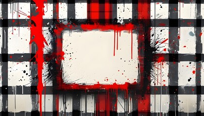 Wall Mural - Bold checkered backdrop with red grunge stripes and vibrant graffiti splatters, featuring an empty central rectangle for creative text and design elements