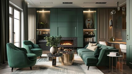 stylish luxury interior of modern studio apartment in green pastel colors with wooden elements. expensive furniture and decorations. cozy sitting area next to fireplace