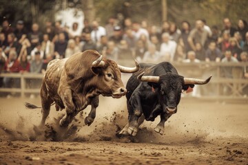 Two bulls charge towards each other in a bullfighting ring with a crowd watching in the background.