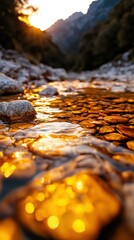 Poster - A stunning mountain view with soaring peaks, vibrant valleys, and a clear river. The sunset casts a golden hue over nature.