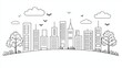 © pingpao - Minimalist city skyline illustration featuring trees, clouds, and birds in a serene landscape.
