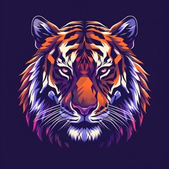 Wall Mural - Colorful illustration of a tiger head against a dark blue background.