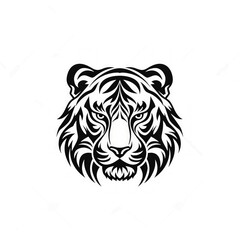 Wall Mural - A black and white stylized illustration of a tiger's head with a fierce expression.