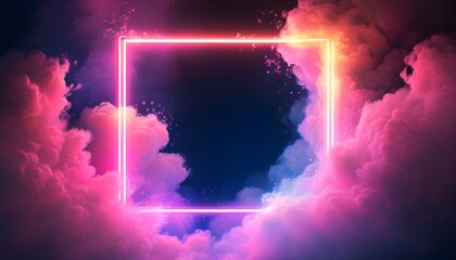 Poster - Ethereal neon frame pulsating with vibrant light amidst swirling pink and purple fire clouds in a fantastical dreamscape