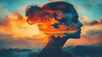 A serene woman's silhouette overlaid with a sunset sky and puzzle pieces merging with her head, representing shared intentionality and deep thought, reflective, watercolor style