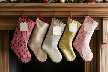 Colorful Christmas Stockings Hanging on a Fireplace Mantel