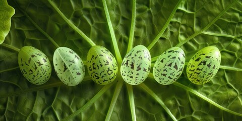 Wall Mural - Eggs of the Large White Butterfly positioned in an extraordinary design on a leaf of nasturtium.