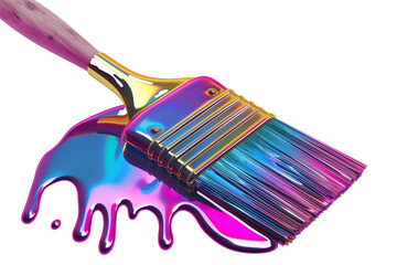 Poster - A colorful paintbrush dripping with vibrant hues of pink, green, and purple, resting on a clean white surface, highlighting the creativity and artistic expression involved in painting
