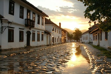 Wall Mural - Cobblestone Street in a Historic European Town at Sunset