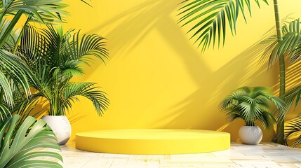 Product stand with yellow background podium with tropical stage setting