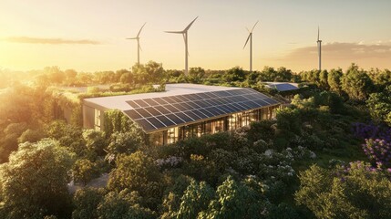 Sustainable Factory in a Green Landscape, solar panels, turbines, fabriek, 