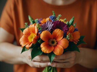 Sticker - Close-up of hands holding a vibrant flower bouquet.