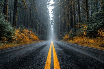 Wall Mural - A winding road through a misty, moss-covered forest