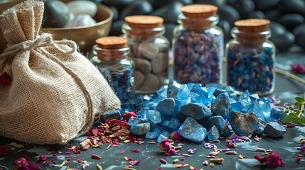 Products for the salon such as herbal rubbing pouches and red and blue salt water stones