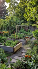 Explore a verdant garden filled with raised beds brimming with fresh vegetables and herbs