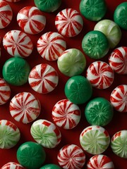 Wall Mural - Close-up of peppermint candies in red, white, and green on a red background.