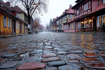 Wall Mural - Cobblestone Street in a European Town After Rain