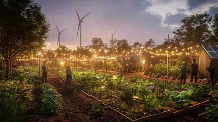 Lush Garden Oasis Powered by Renewable Energy at Sunset