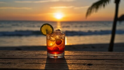 Poster - Cocktail on a wooden table with a beach sunset view.