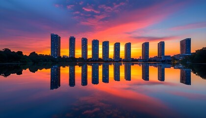 Wall Mural - Mesmerizing dusk cityscape with high-rise reflections on a tranquil lake, highlighting the enchanting blend of twilight and sunset hues