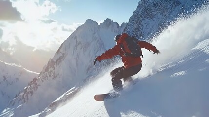 Wall Mural - A person snowboarding down a snowy mountain slope. 