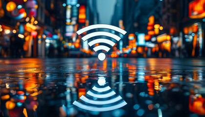 Illuminated Wi-Fi symbol reflection on wet street in vibrant urban setting with glowing city lights at night