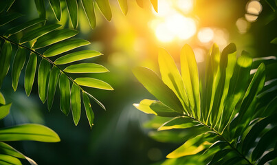 The green leaves touch the evening sun. tropical leaf texture Light