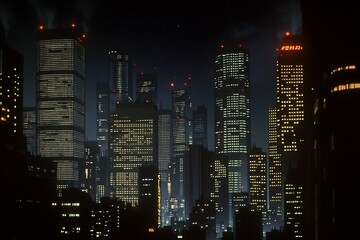 Wall Mural - Night Cityscape with Illuminated Skyscrapers.