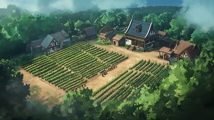 Wall Mural - Aerial View of a Quaint Village Nestled Amidst Vineyards.