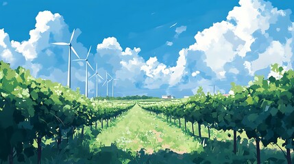 Poster - Idyllic Vineyard with Wind Turbines and Blue Sky.