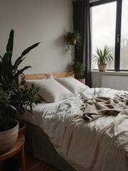 Poster - Cozy minimalist bedroom with indoor plants.