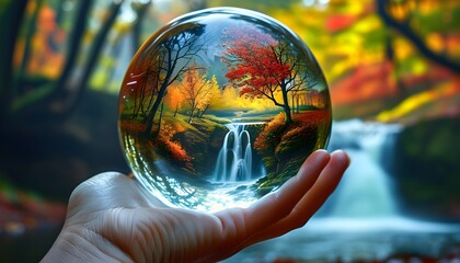 Wall Mural - Enchanted crystal ball showcasing a miniature autumn landscape with colorful trees and a serene waterfall