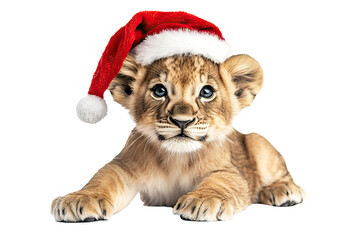 Lion in Santa Claus hat isolated on a transparent background.