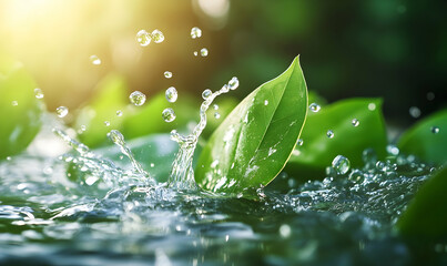 Wall Mural - water drops splashing on green leaf, purity nature background