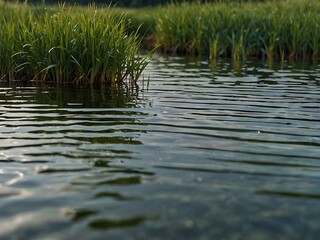 Sticker - Dense green grass with slender blades reflecting in water.