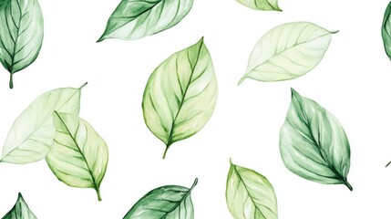 Seamless pattern of green leaves created with watercolor isolated on a white background