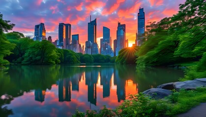 Wall Mural - Serene urban oasis at sunrise with a green park and tall city buildings in the background